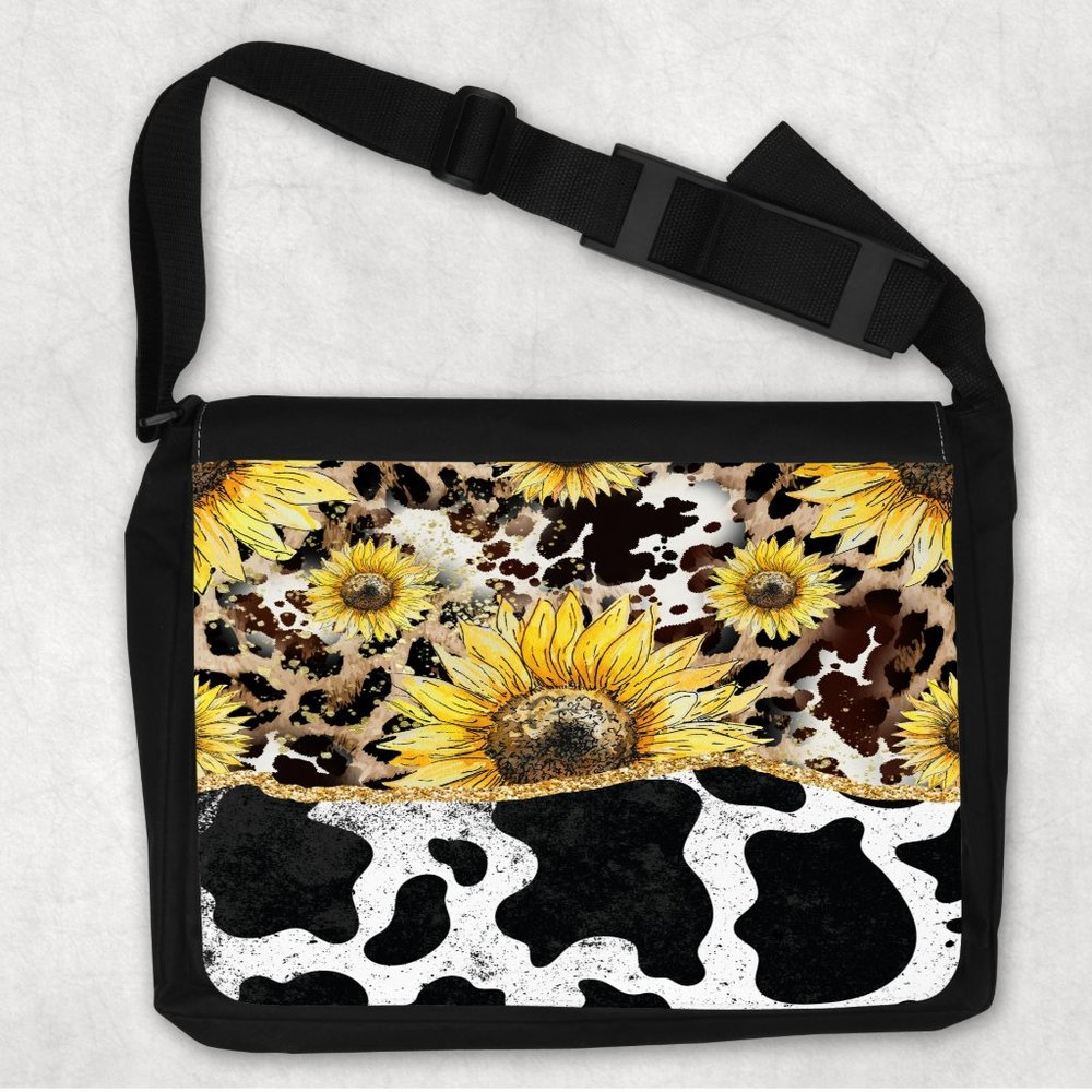 Women's Yellow Black White Sunflower Cow Print Shoulder Messenger Travel Bag